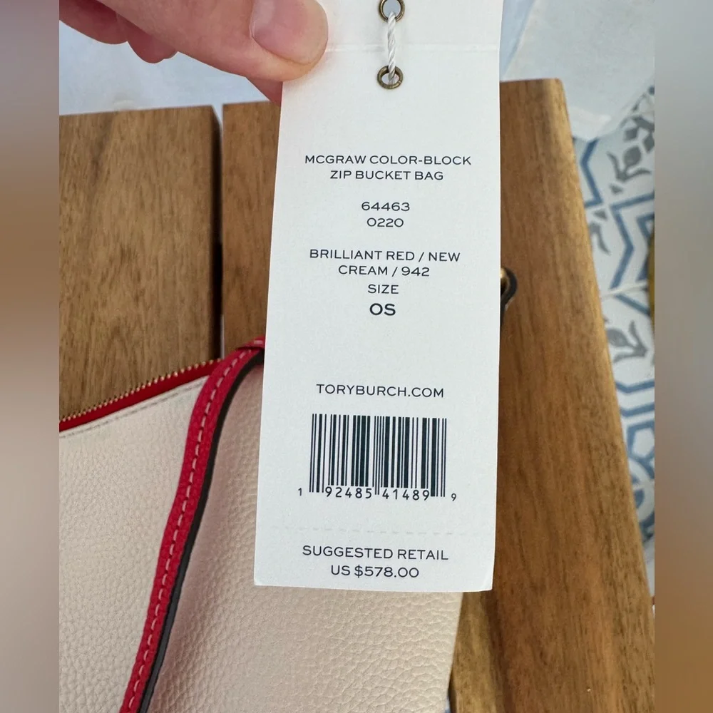 Tory Burch McGraw Colorblock Zip Bucket Bag Brilliant Red New Cream Leather Hobo